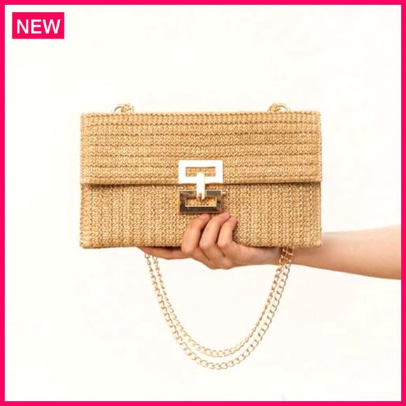 Straw Clutch Evening Bag with Adjustable Chain Strap for Summer Events